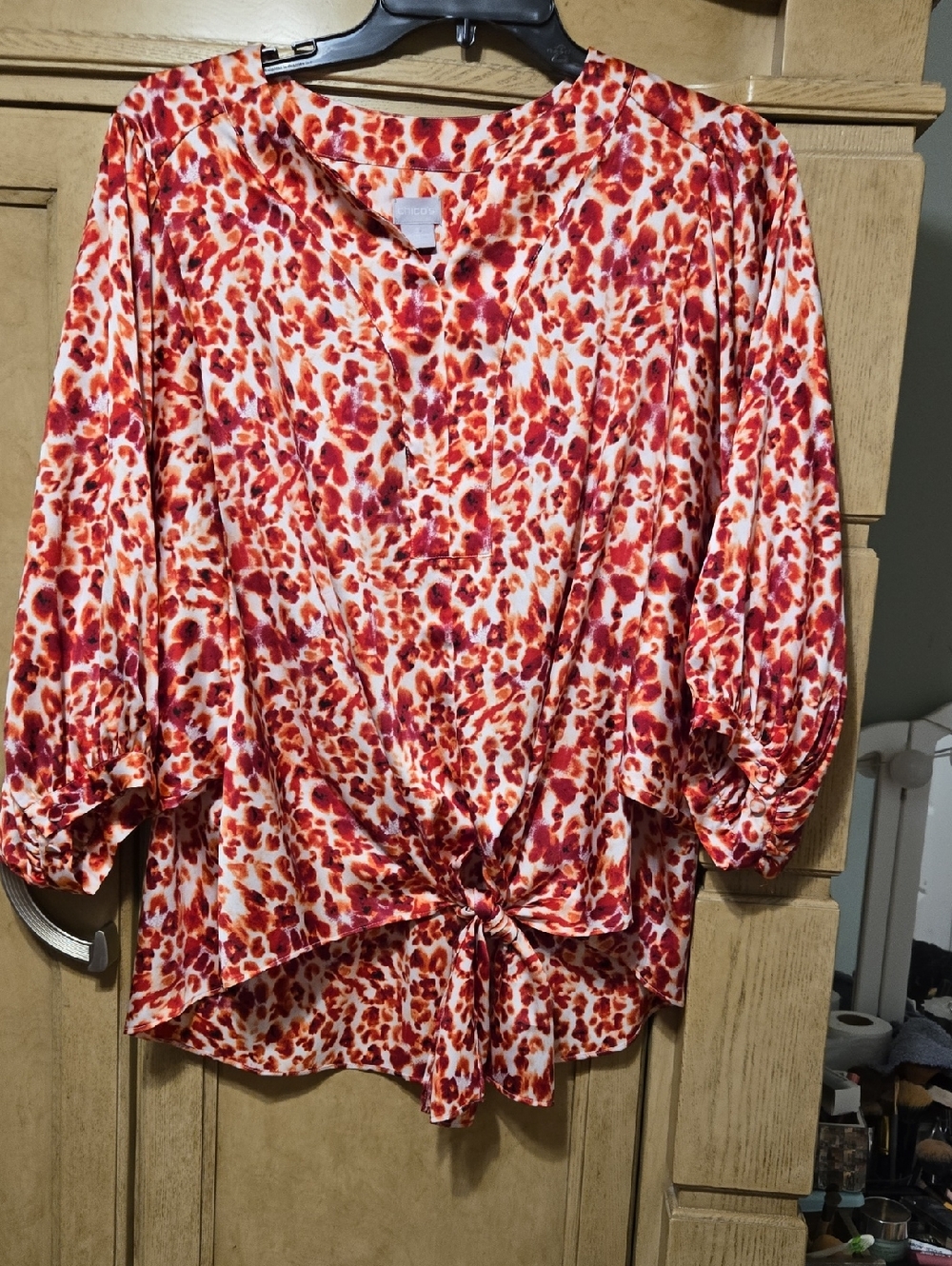 Chico's Red & Orange Tie-Front Printed Blouse